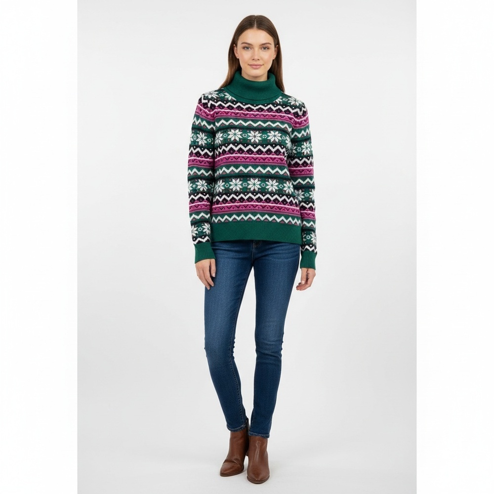 1901 Snowflake Fair Isle Turtleneck Sweater Medium Pink Green Cozy Warm (NWT)